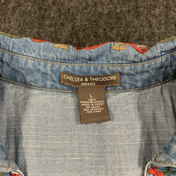 Chelsea & Theodore denim shirt dress boho embroidered size L colorful E12 - Picture 5 of 9